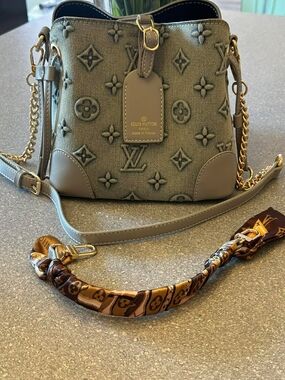 Gray Monogram Embossed Crossbody Bucket Bag with Gold Hardware